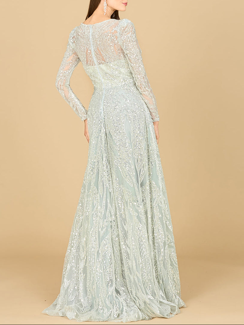 Long Sleeve Beaded Lace Gown - JUSTLUXURY