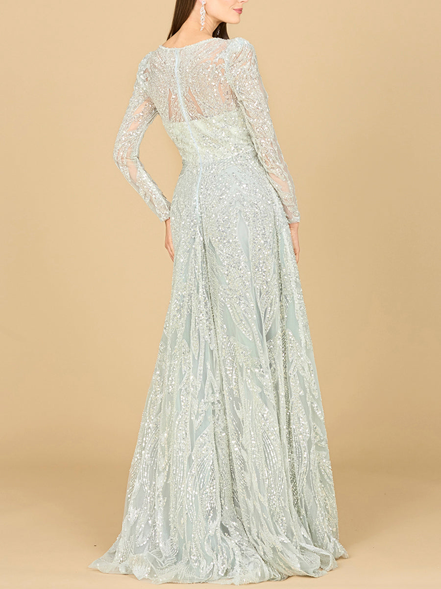 Long Sleeve Beaded Lace Gown - JUSTLUXURY