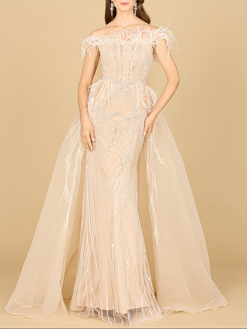 Off Shoulder Gown with Feathers - JUSTLUXURY
