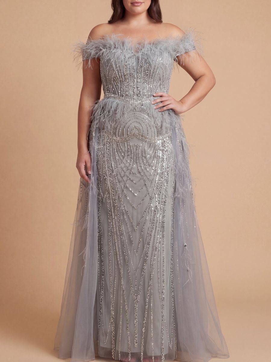 Off Shoulder Gown with Feathers - JUSTLUXURY