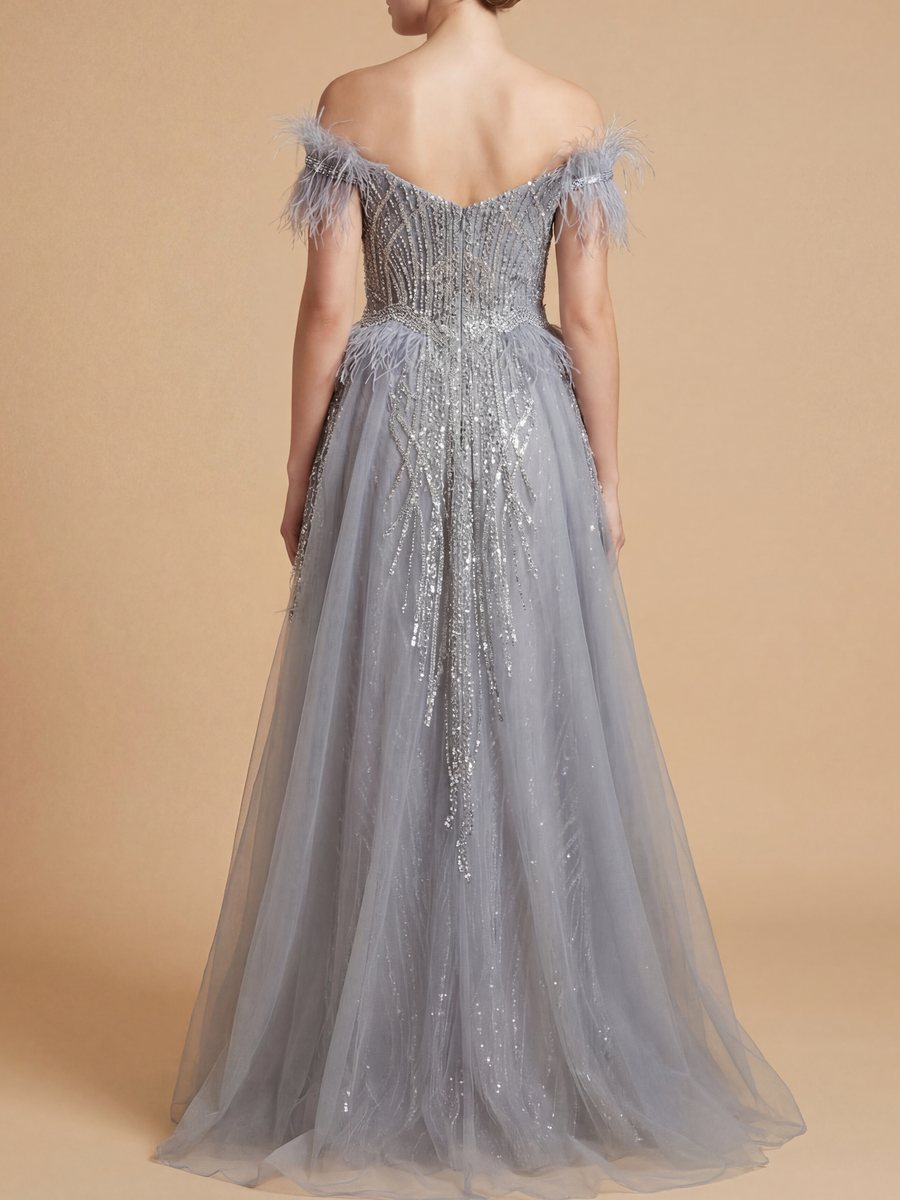 Off Shoulder Gown with Feathers - JUSTLUXURY