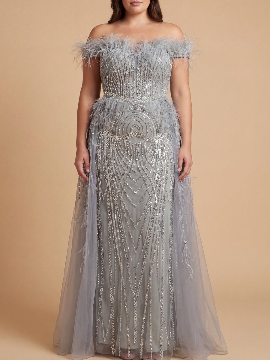 Off Shoulder Gown with Feathers - JUSTLUXURY