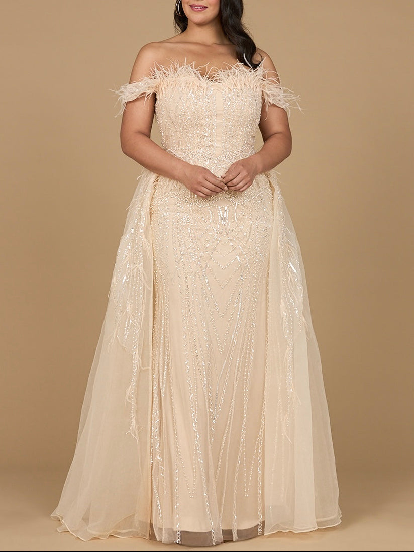 Off Shoulder Gown with Feathers - JUSTLUXURY