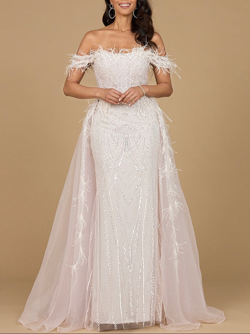 Off Shoulder Gown with Feathers - JUSTLUXURY