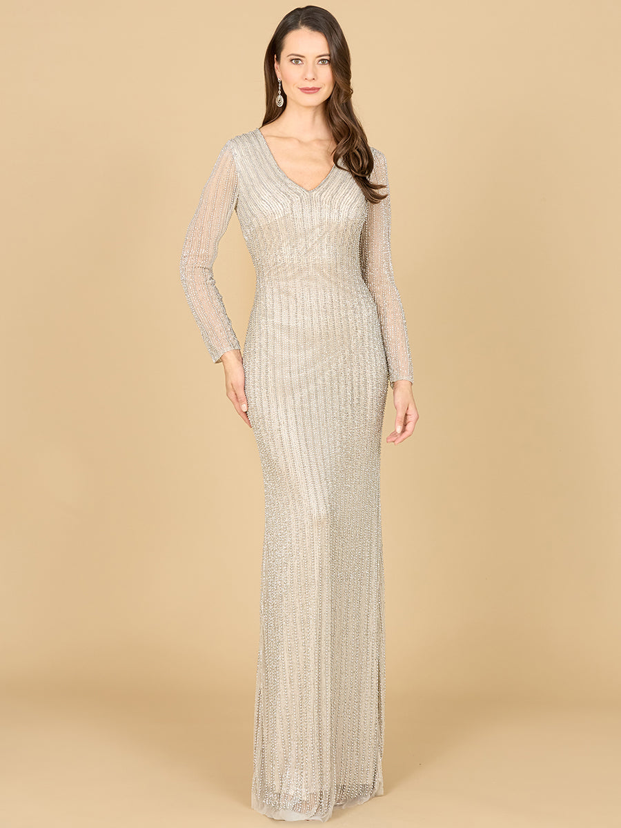 Classic V-Neck Beaded Long Sleeve Gown - JUSTLUXURY