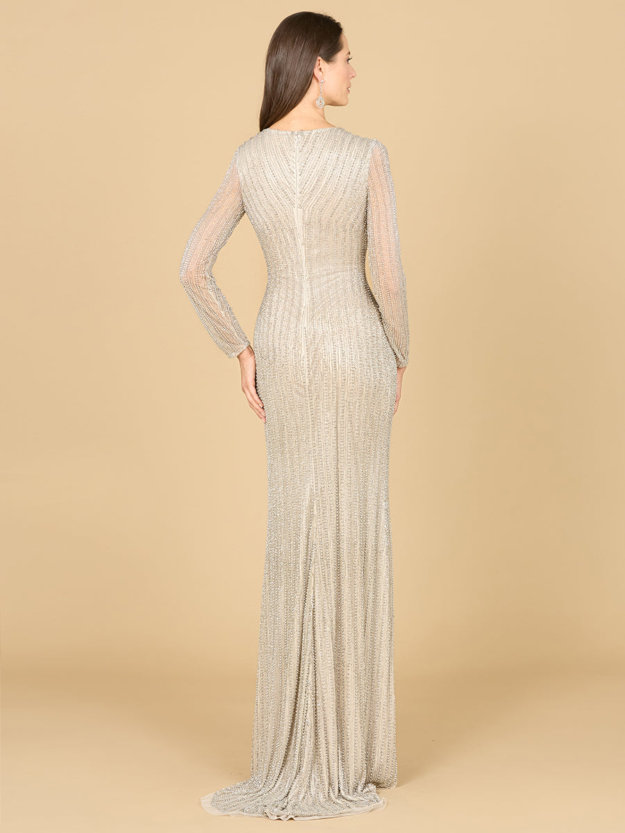Classic V-Neck Beaded Long Sleeve Gown - JUSTLUXURY