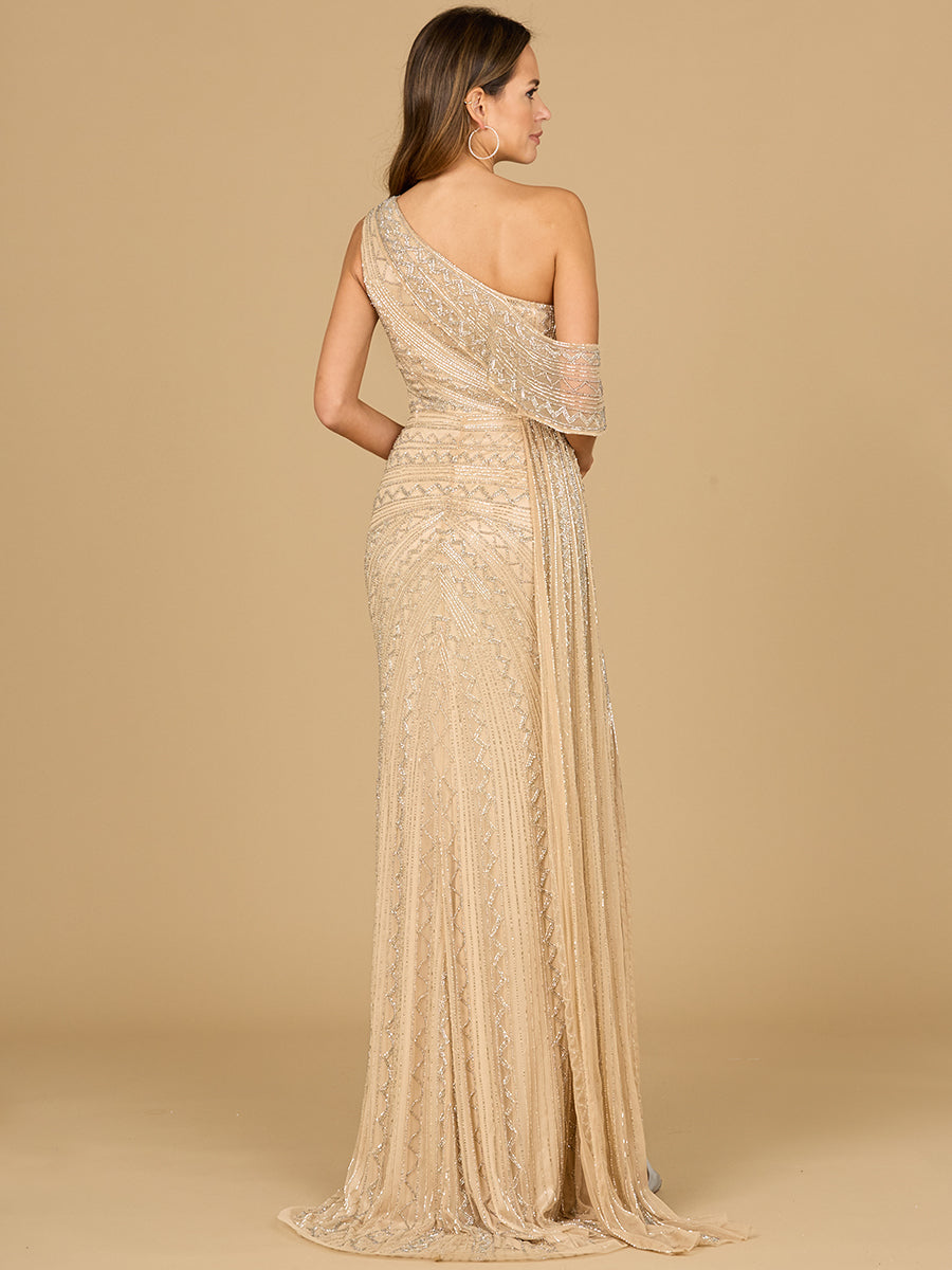 Beaded One Shoulder Dress with Train - JUSTLUXURY