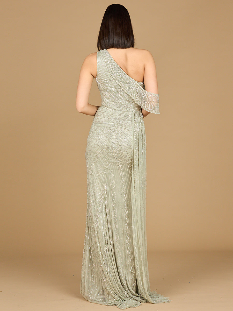 Beaded One Shoulder Dress with Train - JUSTLUXURY