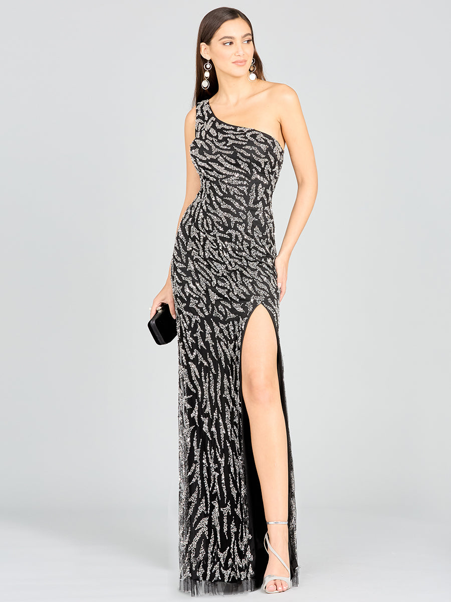 One-Shoulder Beaded Gown with High Slit - JUSTLUXURY