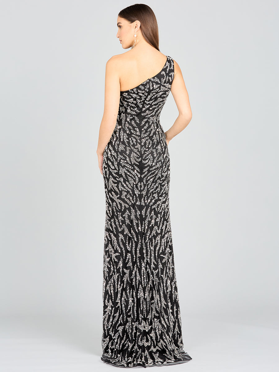 One-Shoulder Beaded Gown with High Slit - JUSTLUXURY
