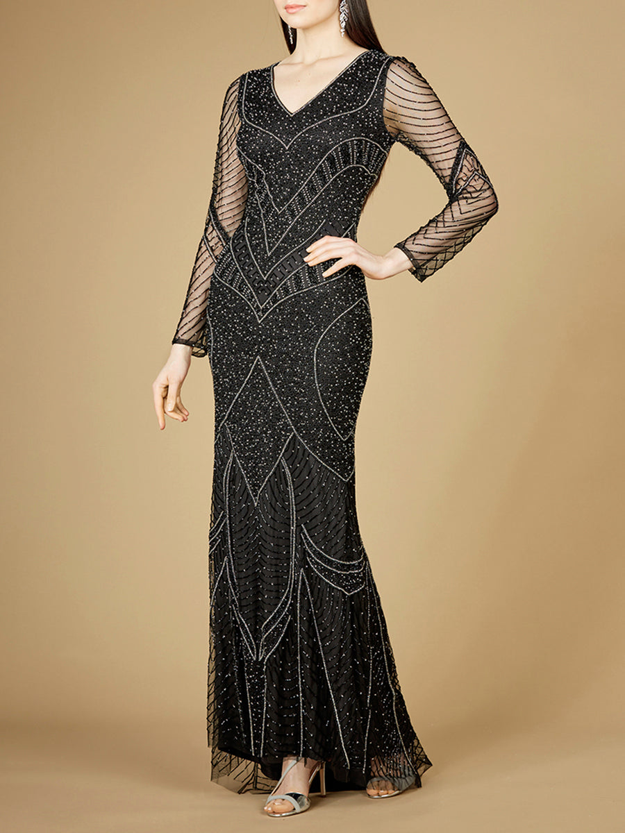 Long Sleeve Beaded Dresses with Sheer Sleeves - OUTLET - JUSTLUXURY