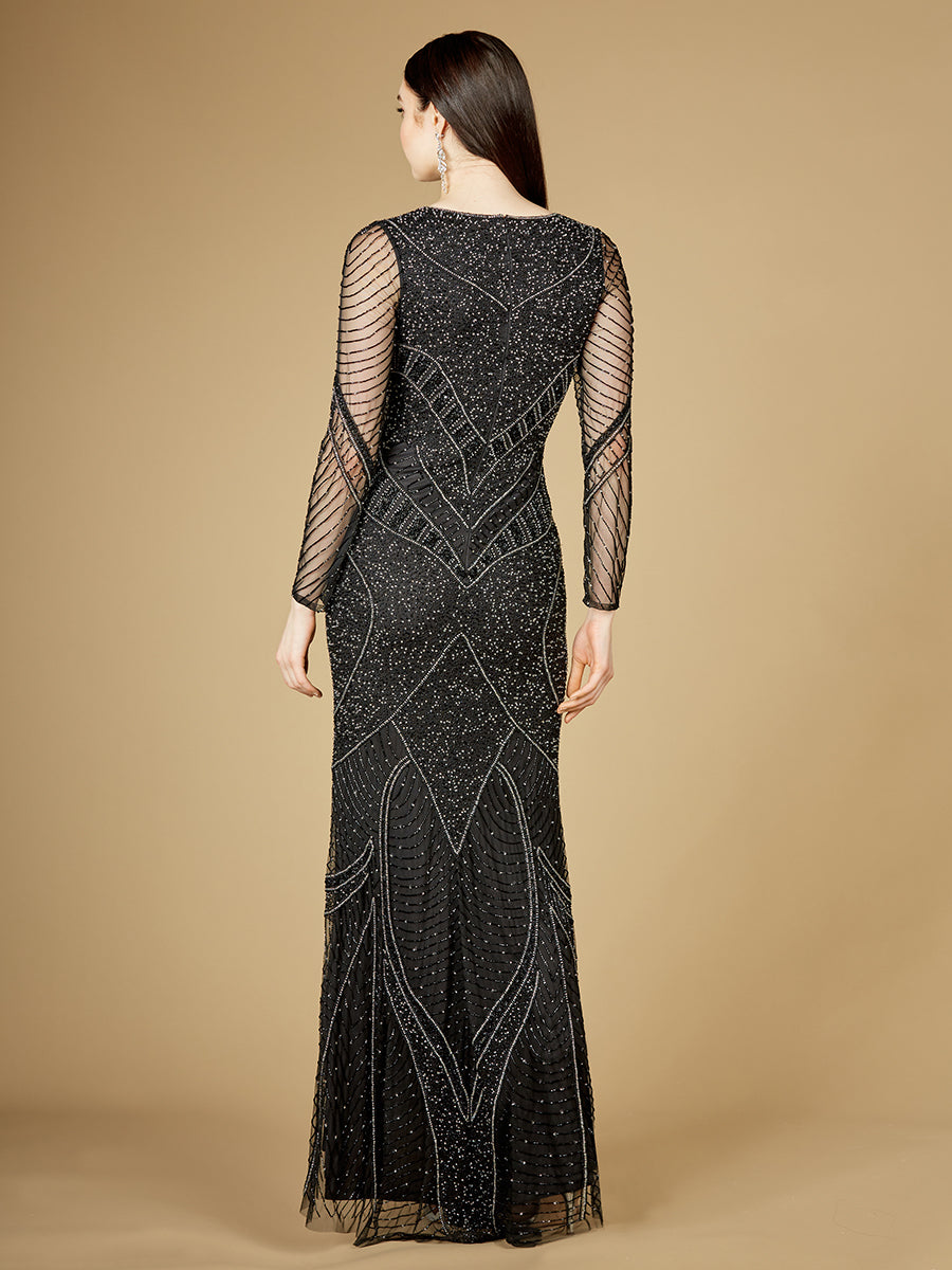 Long Sleeve Beaded Dresses with Sheer Sleeves - OUTLET - JUSTLUXURY