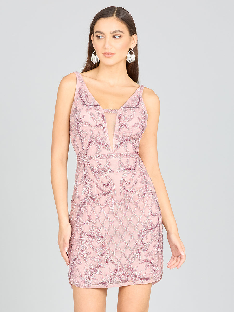 Deep V-Neck Beaded Mini Dress with Low Back - JUSTLUXURY