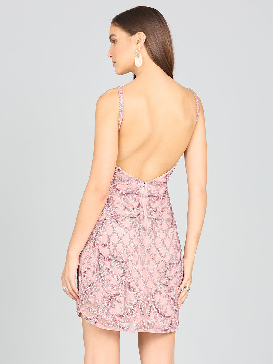 Deep V-Neck Beaded Mini Dress with Low Back - JUSTLUXURY