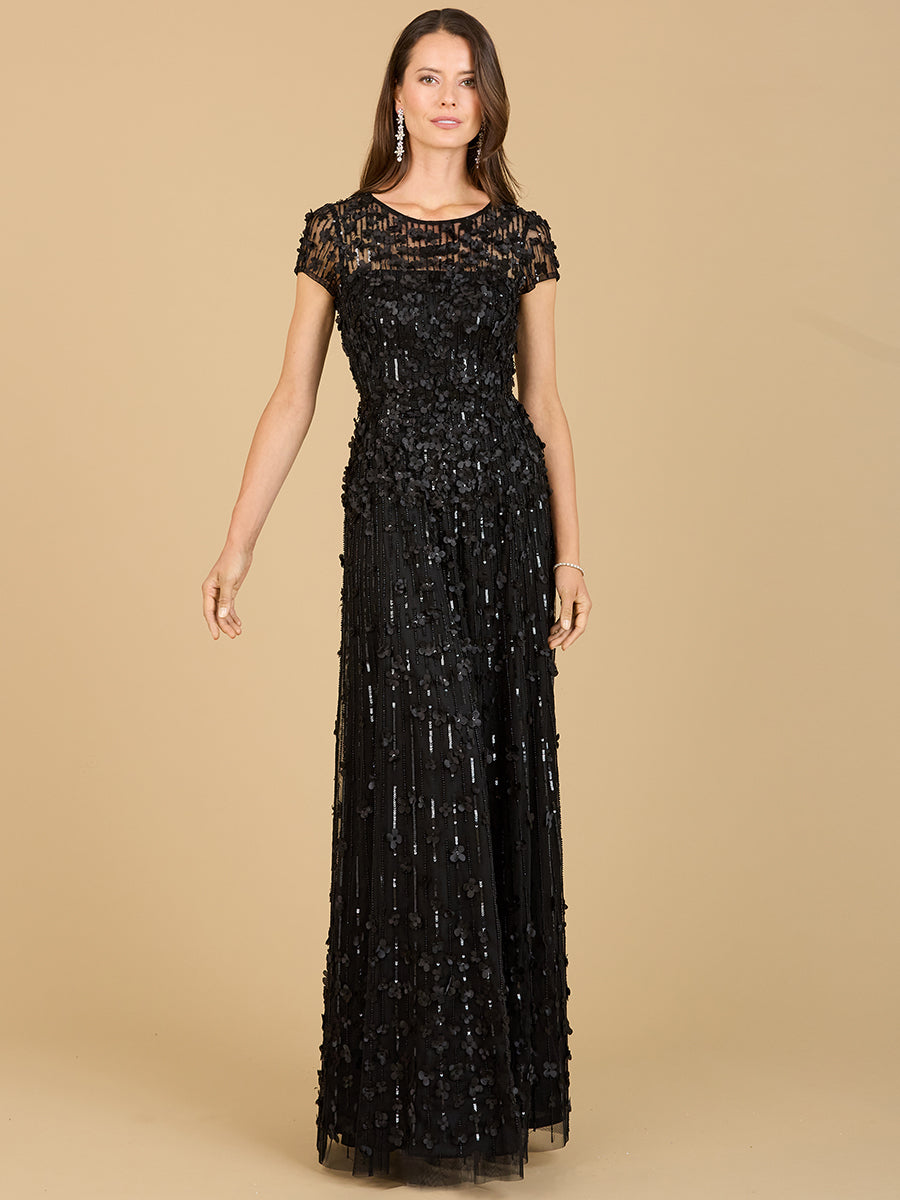 3D Floral Embellished Cap Sleeve Gown | 29181 - JUSTLUXURY