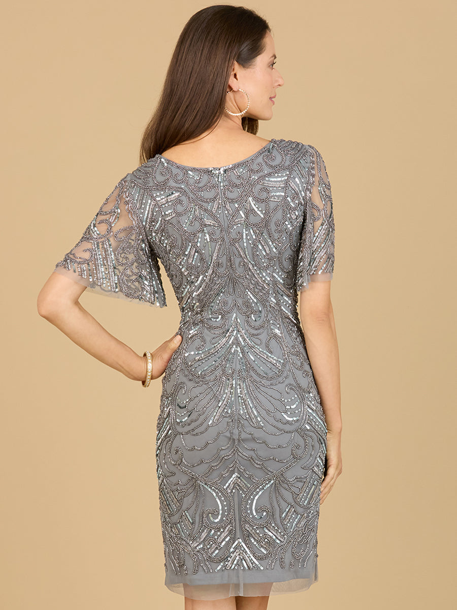 Beaded Cocktail Dress with Short Sleeves  - OUTLET - JUSTLUXURY