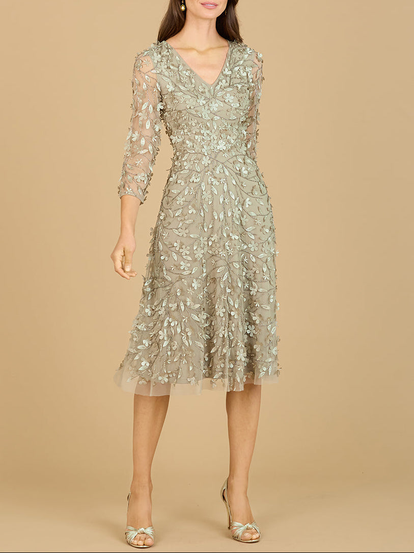 Flowing, 3D Embroidered Midi Dress with Sleeves - JUSTLUXURY
