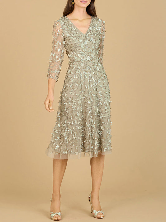 Flowing, 3D Embroidered Midi Dress with Sleeves - JUSTLUXURY