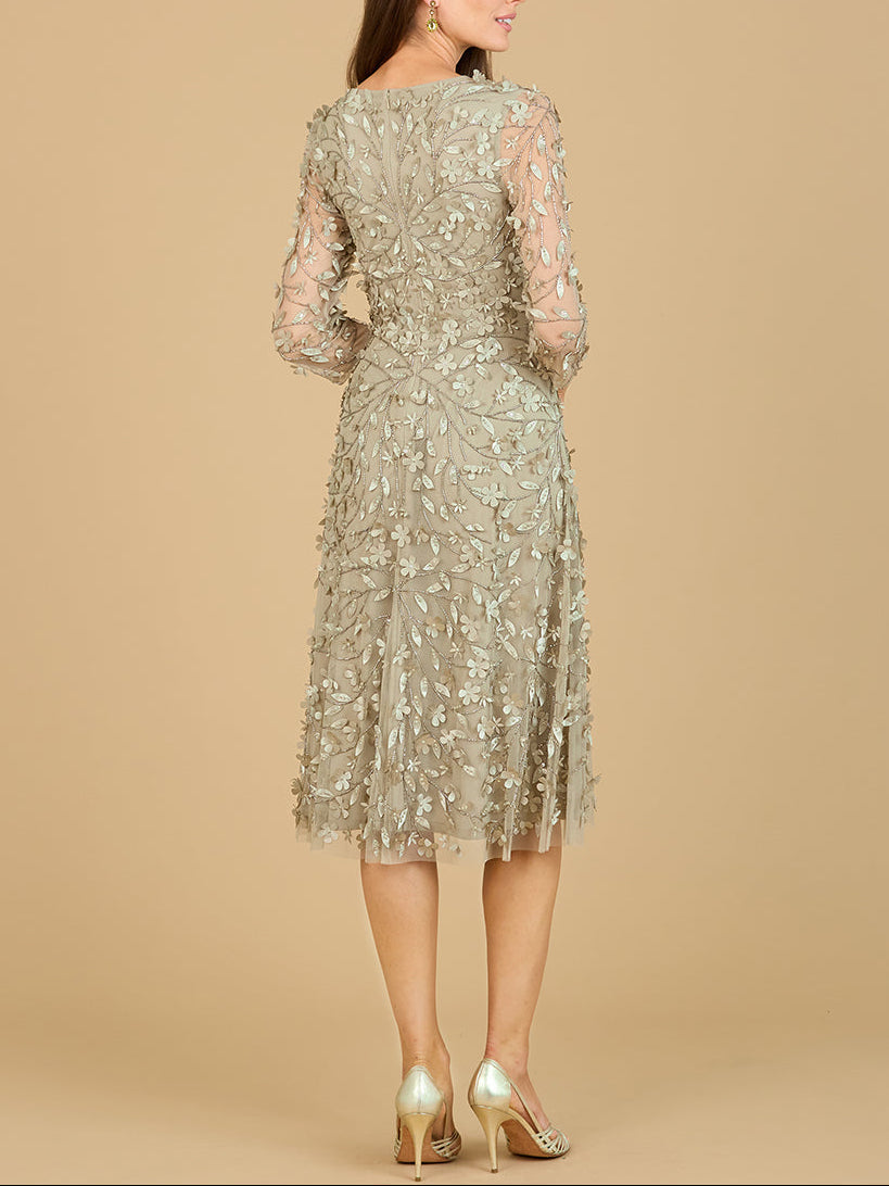Flowing, 3D Embroidered Midi Dress with Sleeves - JUSTLUXURY
