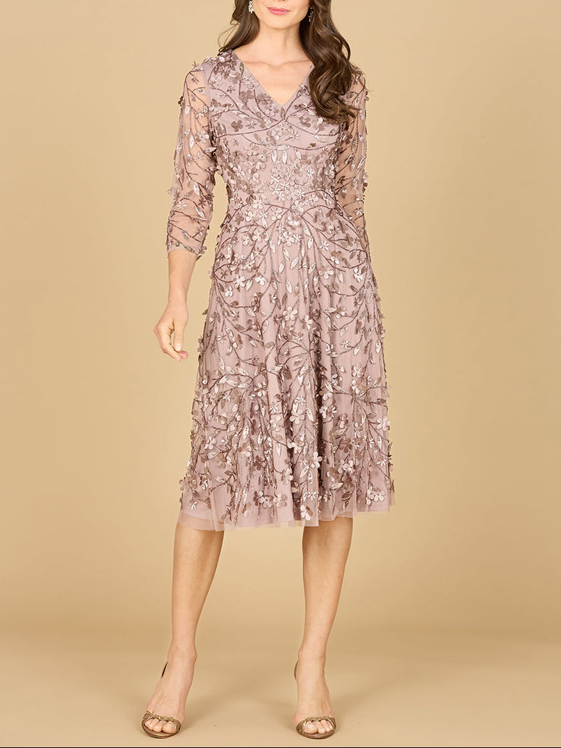 Flowing, 3D Embroidered Midi Dress with Sleeves - JUSTLUXURY