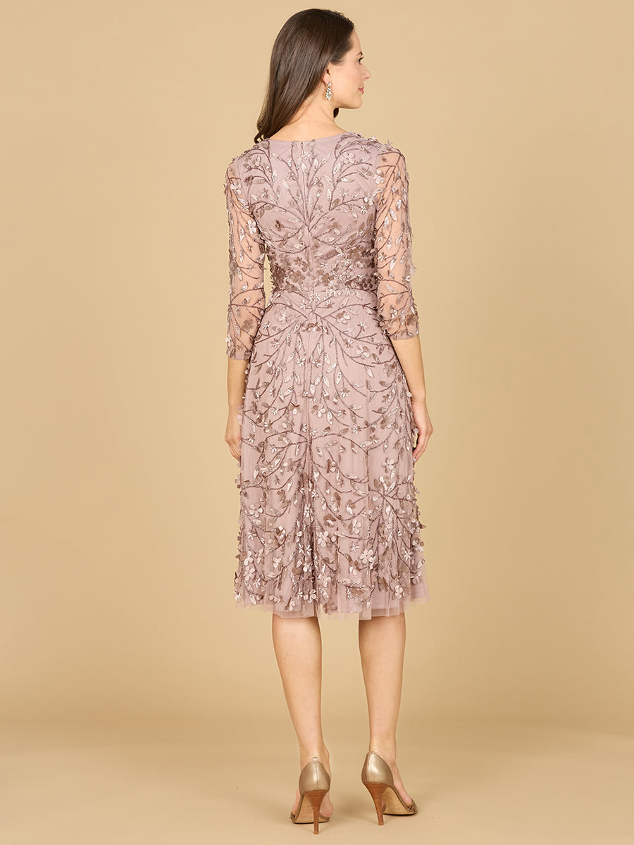 Flowing, 3D Embroidered Midi Dress with Sleeves - JUSTLUXURY