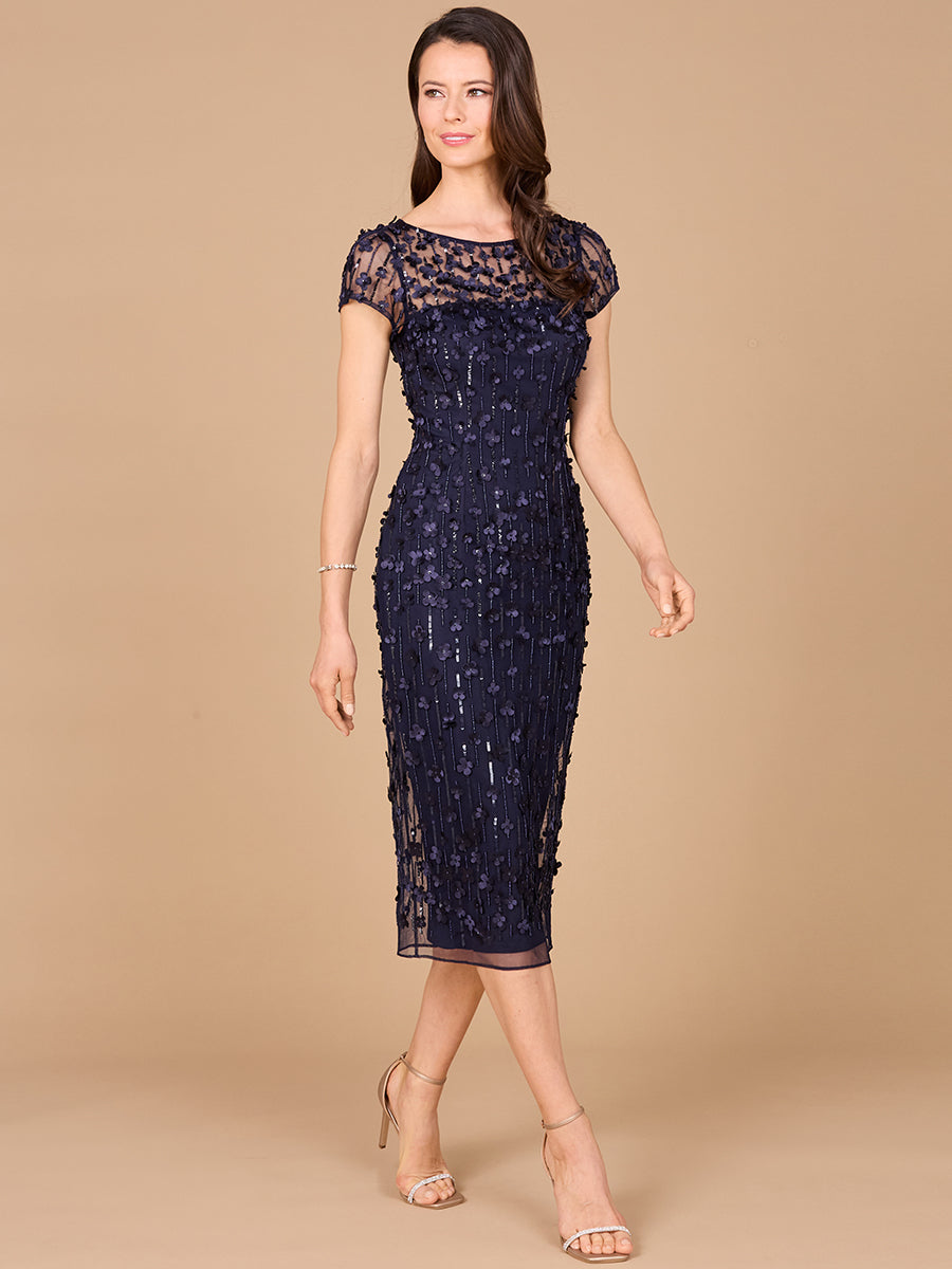 3D Applique Midi Dress with Cap Sleeves - JUSTLUXURY