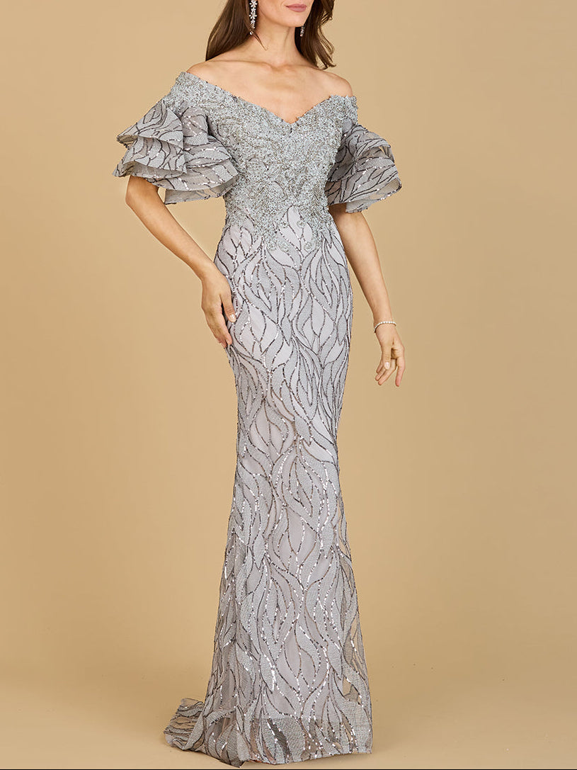Off Shoulder Mermaid Beaded Gown with Tiered Sleeves - JUSTLUXURY