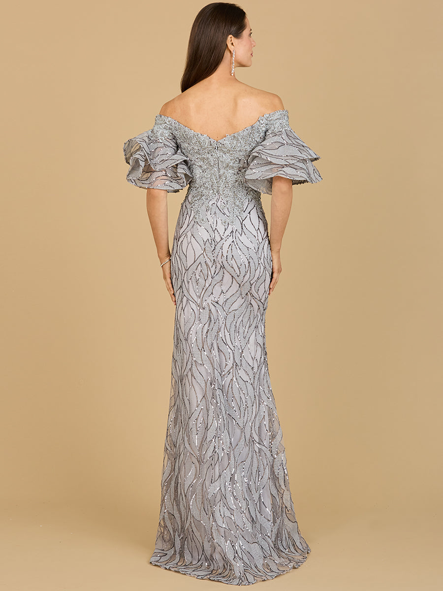 Off Shoulder Mermaid Beaded Gown with Tiered Sleeves - JUSTLUXURY
