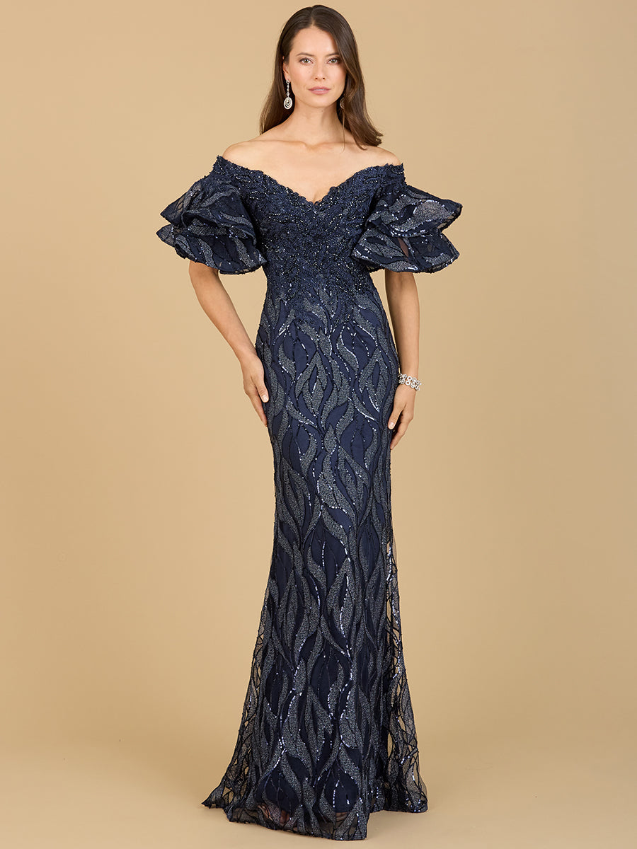 Off Shoulder Mermaid Beaded Gown with Tiered Sleeves - JUSTLUXURY