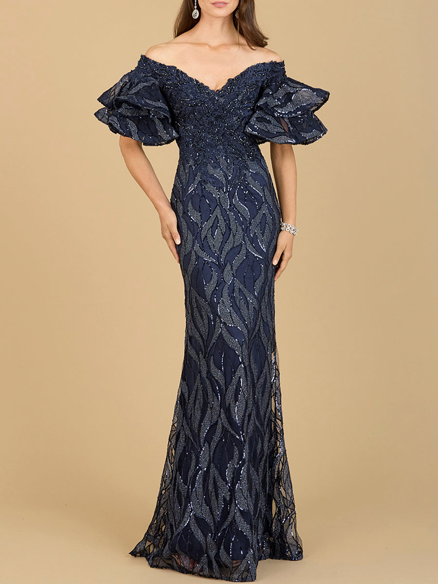 Off Shoulder Mermaid Beaded Gown with Tiered Sleeves - JUSTLUXURY