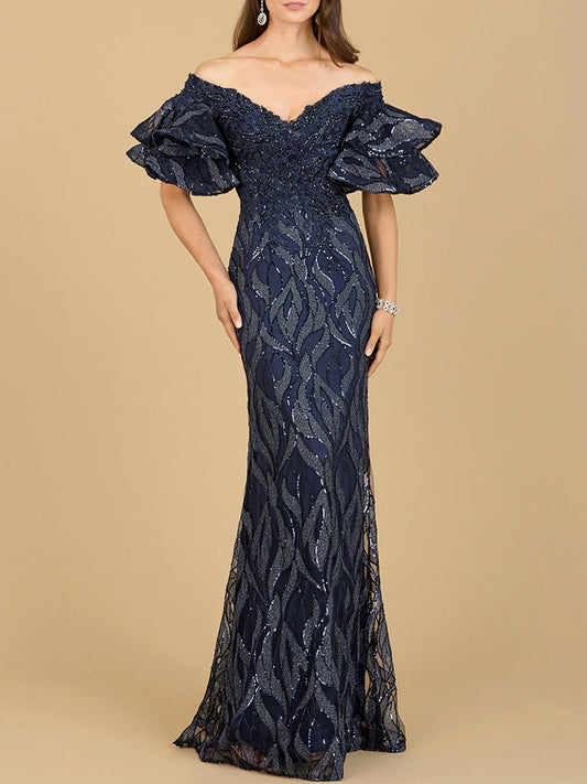 Off Shoulder Mermaid Beaded Gown with Tiered Sleeves - JUSTLUXURY