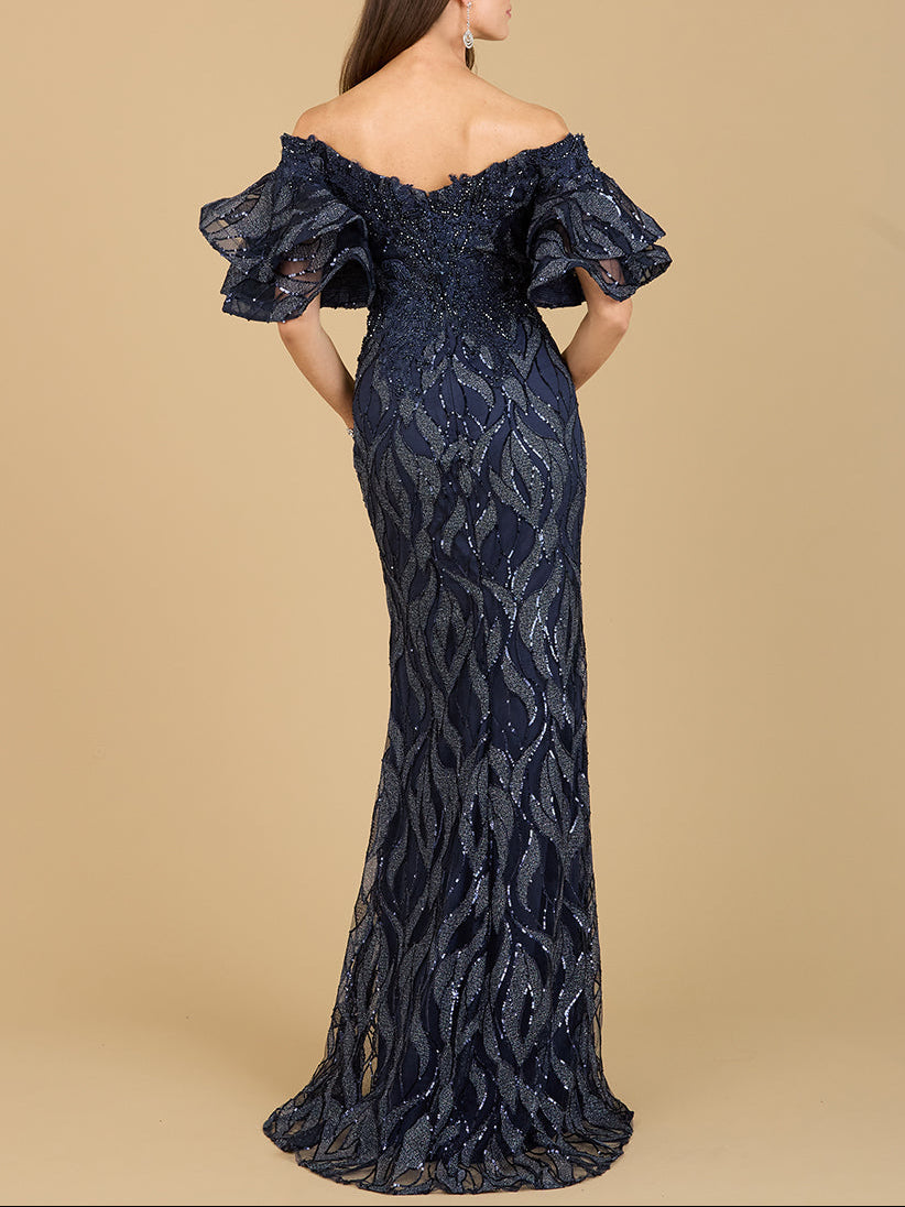 Off Shoulder Mermaid Beaded Gown with Tiered Sleeves - JUSTLUXURY