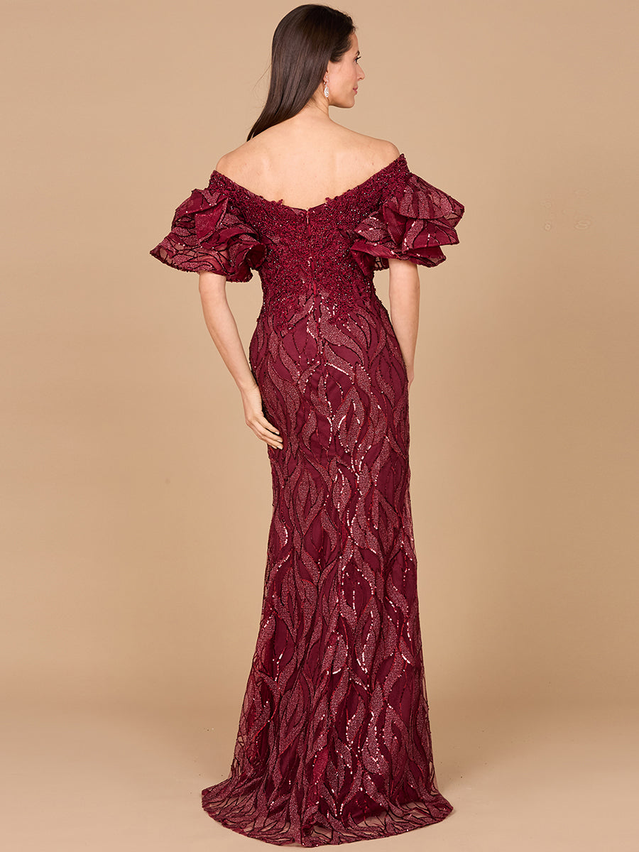Off Shoulder Mermaid Beaded Gown with Tiered Sleeves - JUSTLUXURY