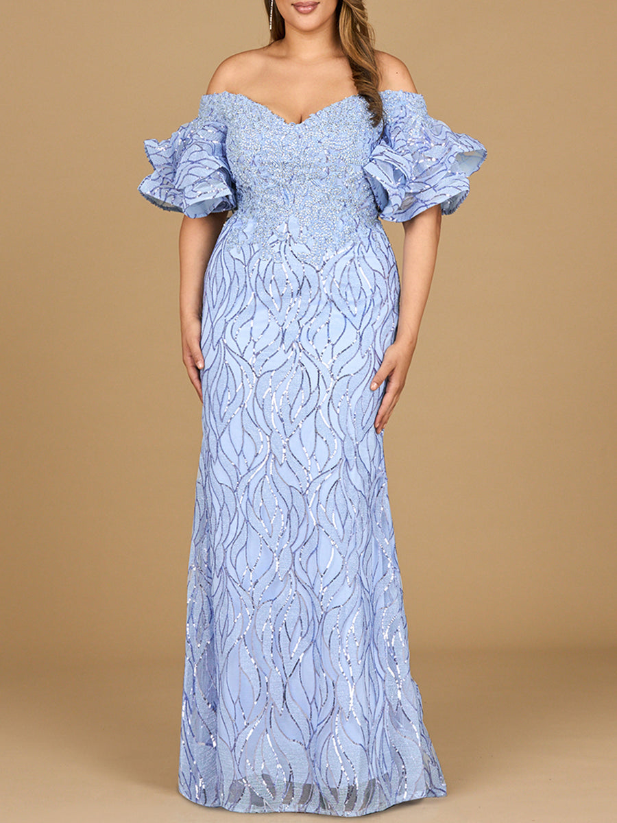 Off Shoulder Mermaid Beaded Gown with Tiered Sleeves - JUSTLUXURY