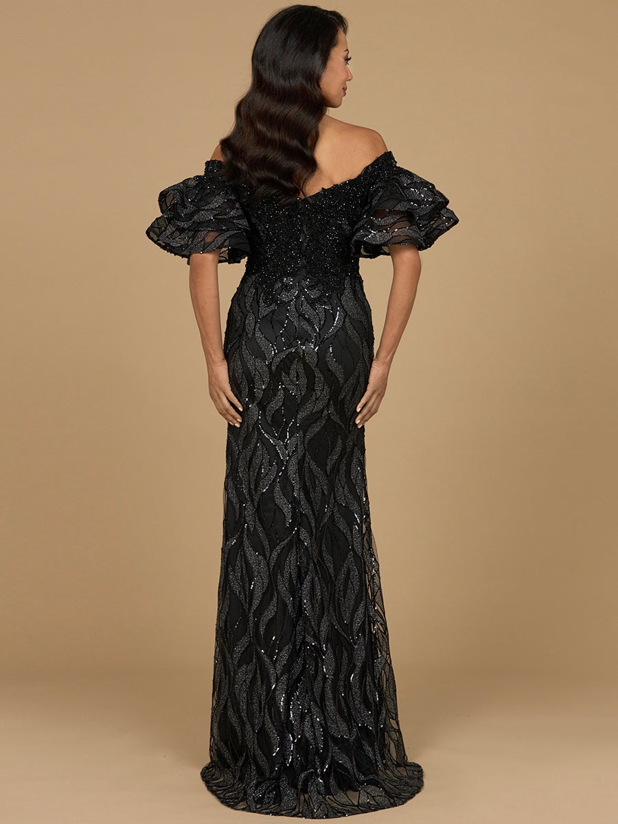 Off Shoulder Mermaid Beaded Gown with Tiered Sleeves - JUSTLUXURY