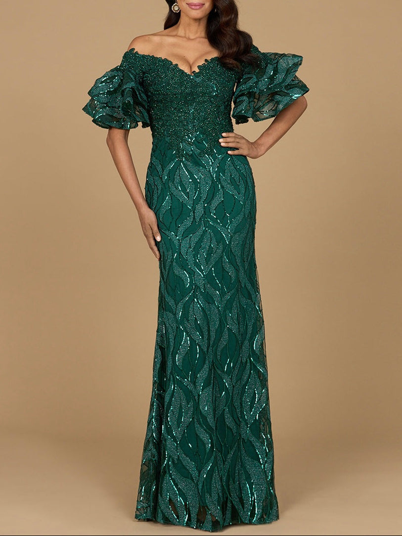 Off Shoulder Mermaid Beaded Gown with Tiered Sleeves - JUSTLUXURY