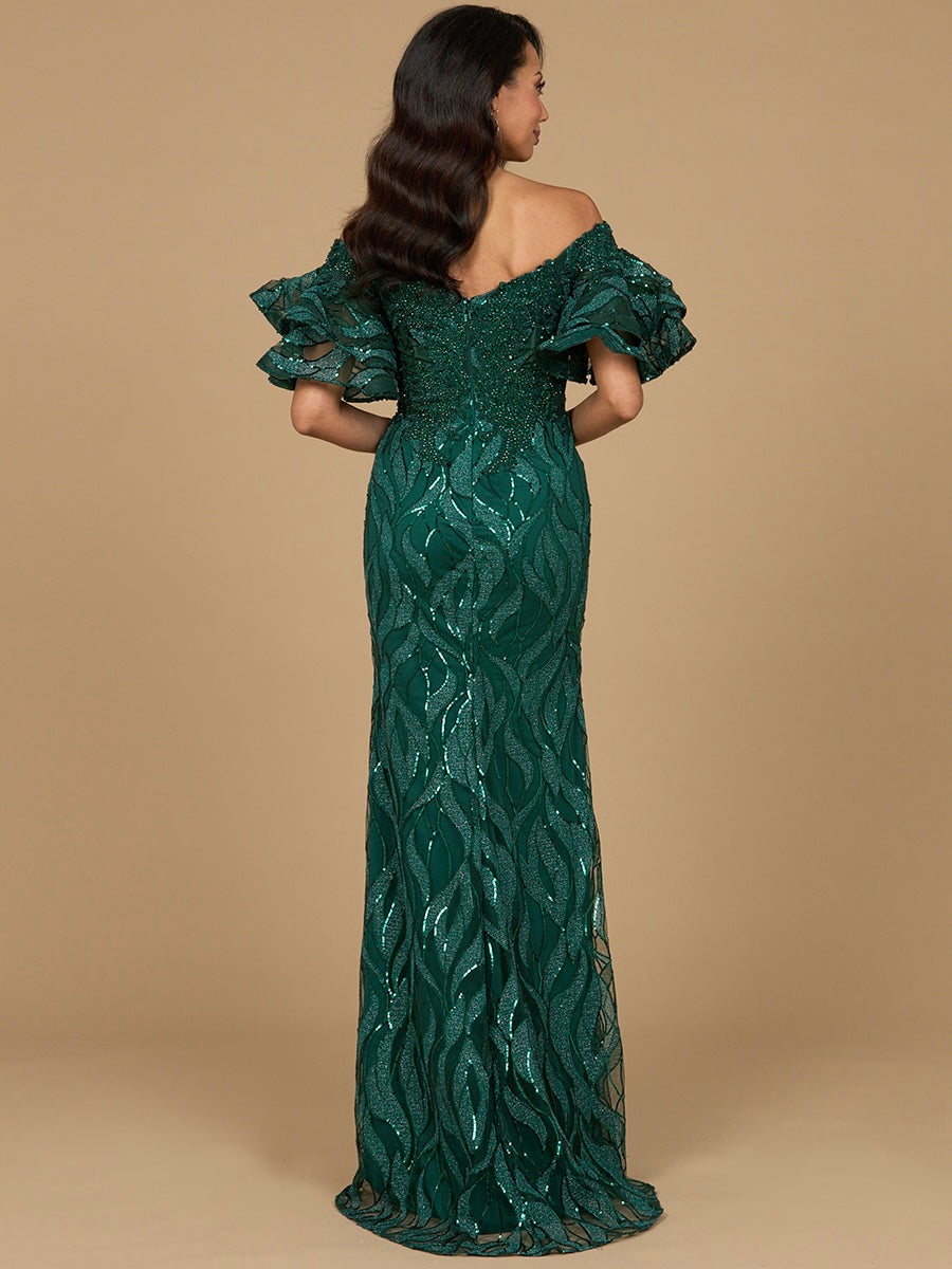 Off Shoulder Mermaid Beaded Gown with Tiered Sleeves - JUSTLUXURY