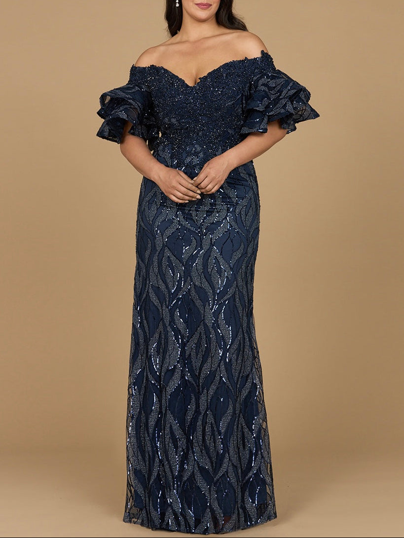 Off Shoulder Mermaid Beaded Gown with Tiered Sleeves - JUSTLUXURY