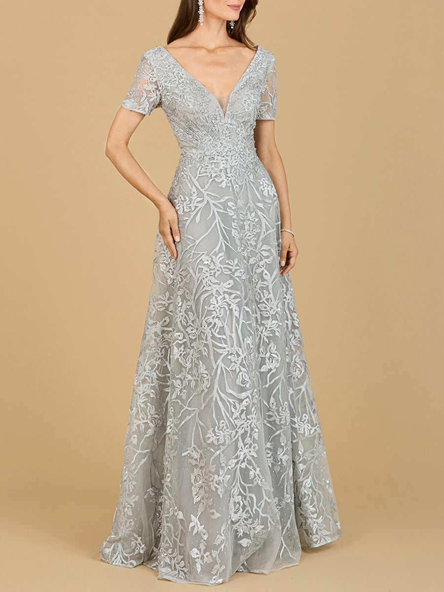 Short Sleeve Lace A-Line Dress with V-Neckline - JUSTLUXURY