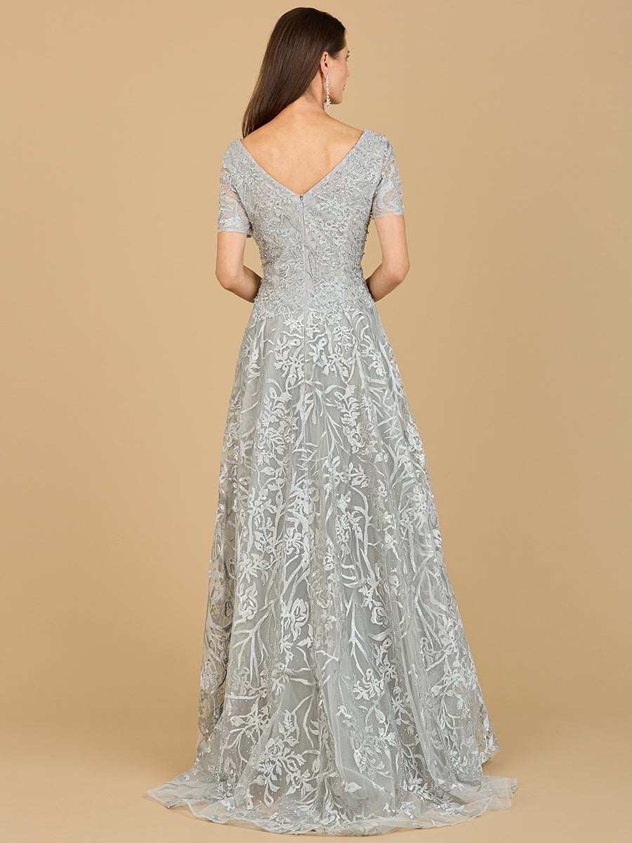 Short Sleeve Lace A-Line Dress with V-Neckline - JUSTLUXURY