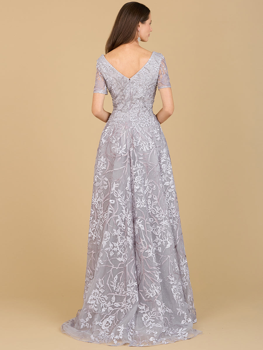 Short Sleeve Lace A-Line Dress with V-Neckline - JUSTLUXURY