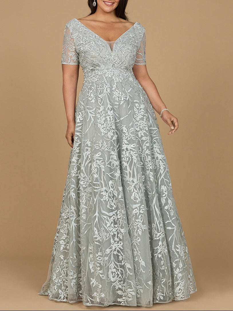Short Sleeve Lace A-Line Dress with V-Neckline - JUSTLUXURY