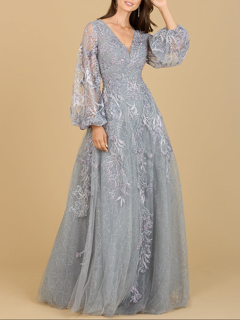 V Neckline Balloon Sleeve Gown - JUSTLUXURY
