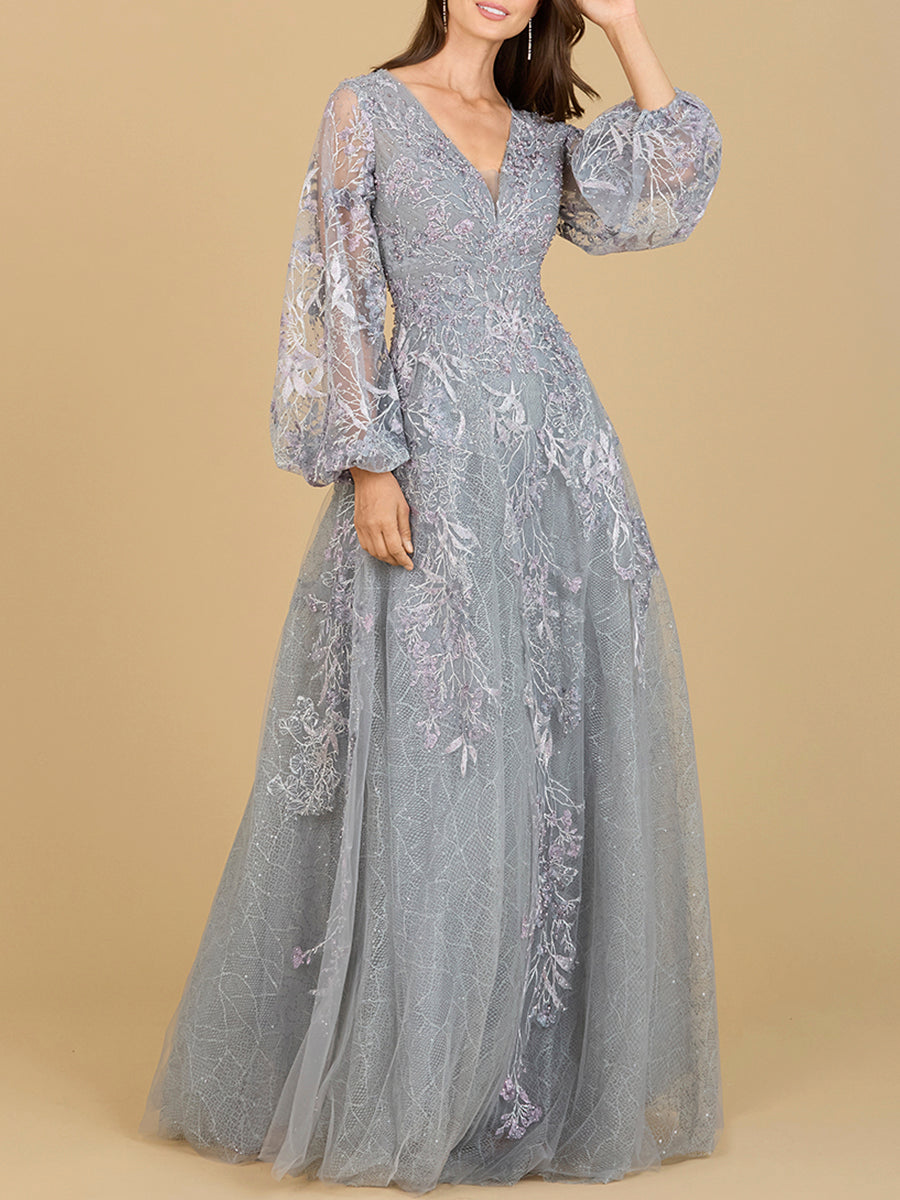 V Neckline Balloon Sleeve Gown - JUSTLUXURY