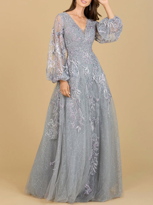 V Neckline Balloon Sleeve Gown - JUSTLUXURY