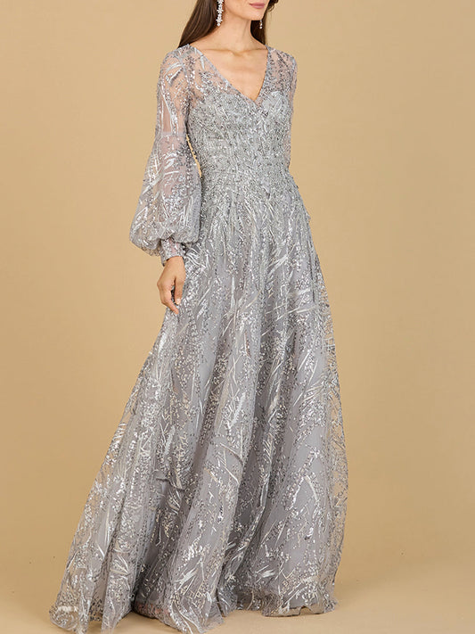 V Neckline Long Sleeve Gown - JUSTLUXURY