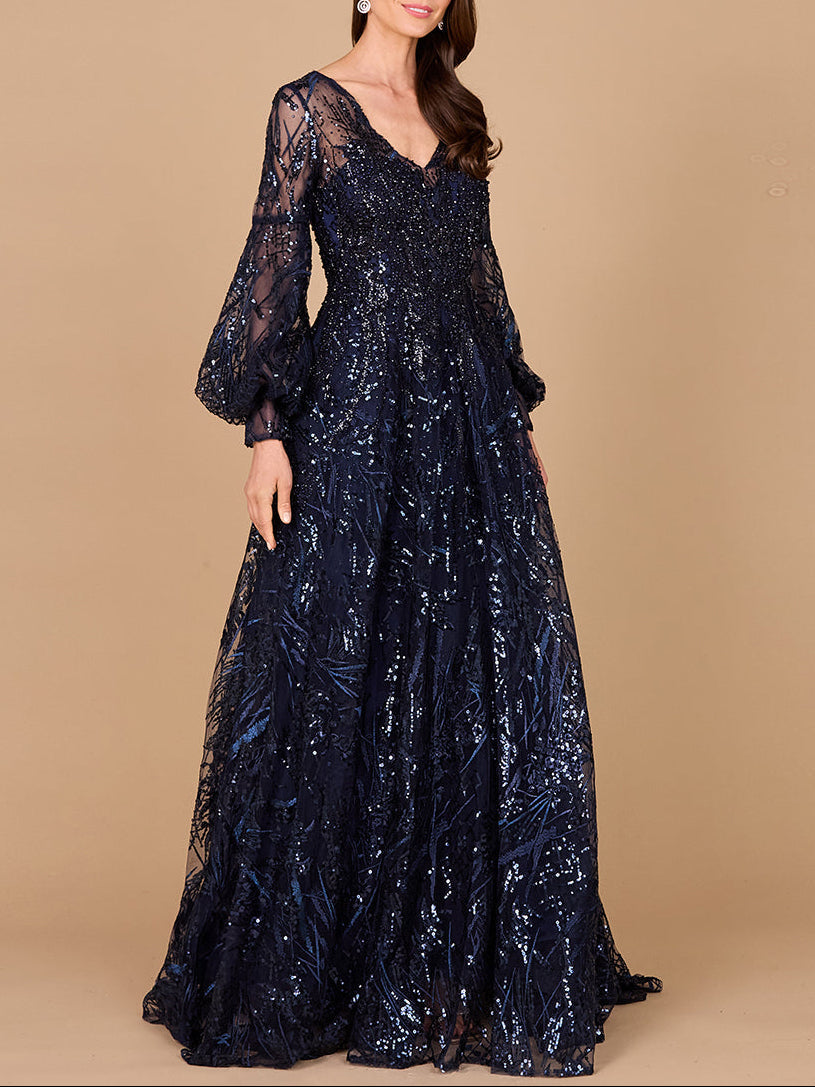 V Neckline Long Sleeve Gown - JUSTLUXURY