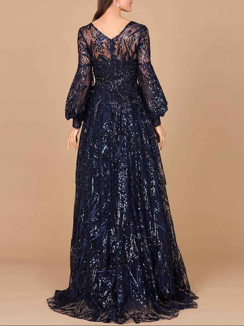 V Neckline Long Sleeve Gown - JUSTLUXURY