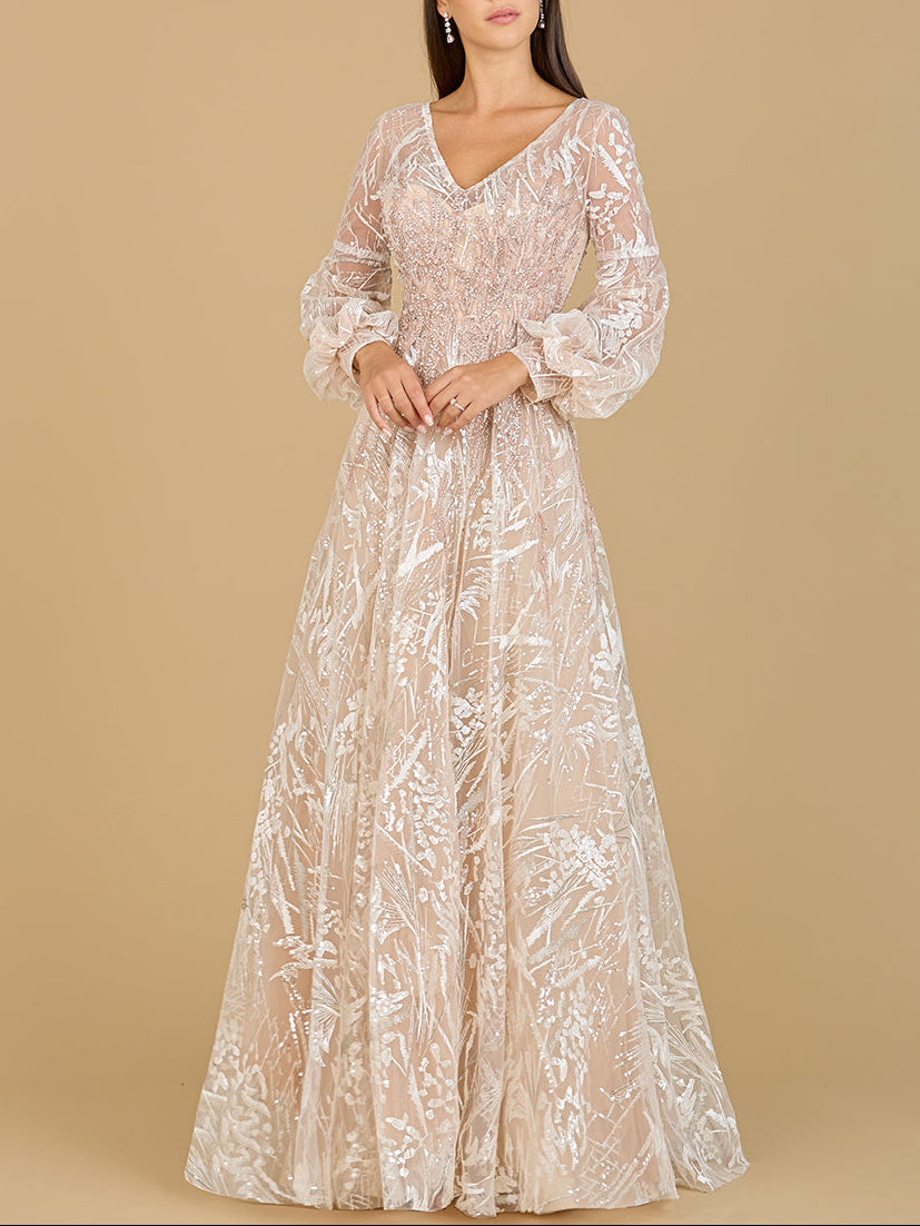 V Neckline Long Sleeve Gown - JUSTLUXURY