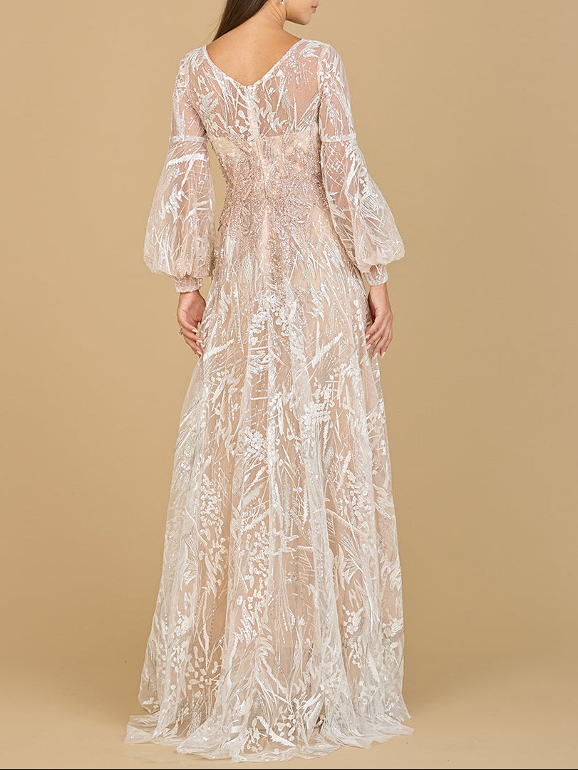 V Neckline Long Sleeve Gown - JUSTLUXURY